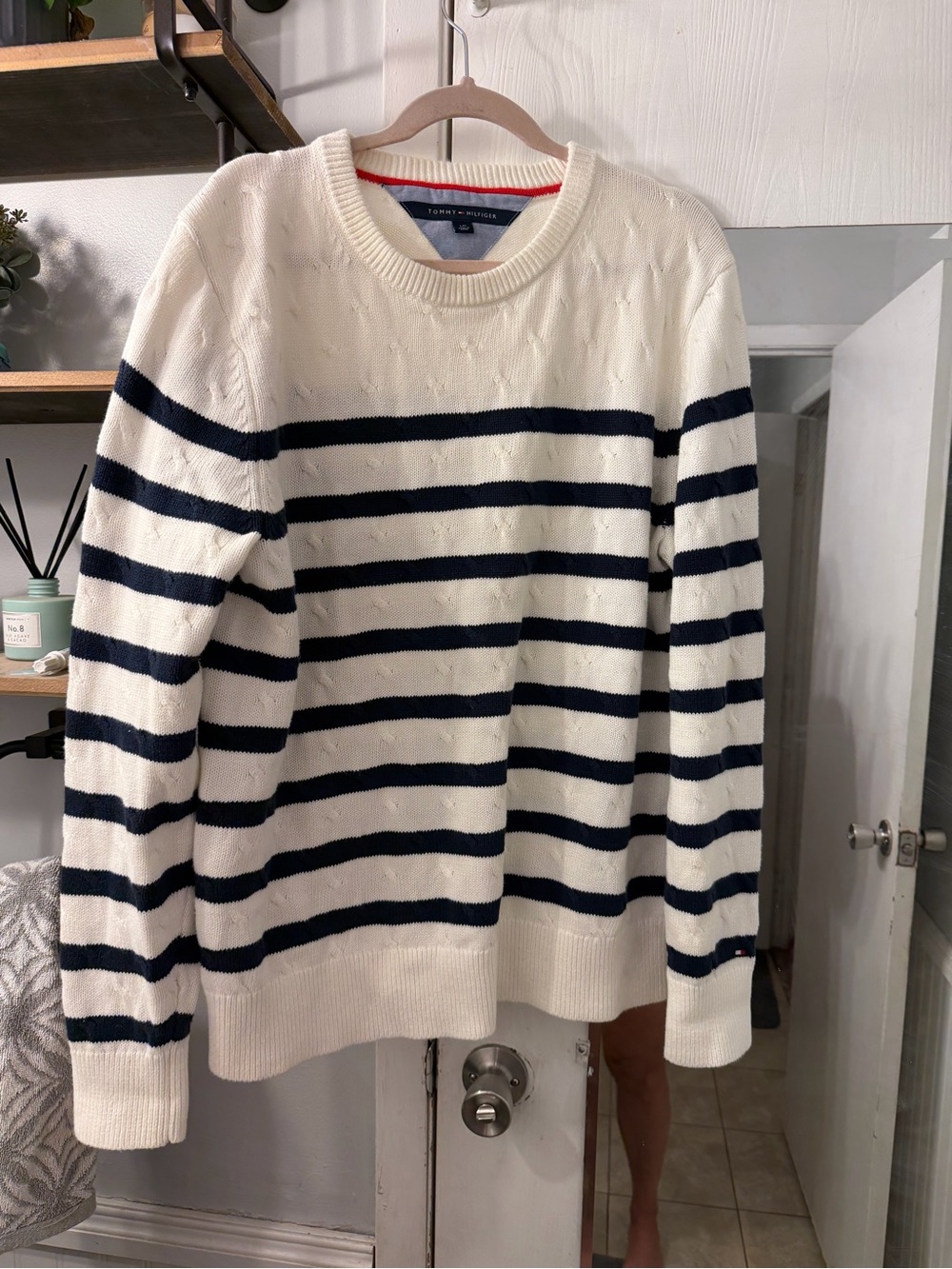 Tommy Hilfiger Cream Crewneck Sweater with Navy Stripes